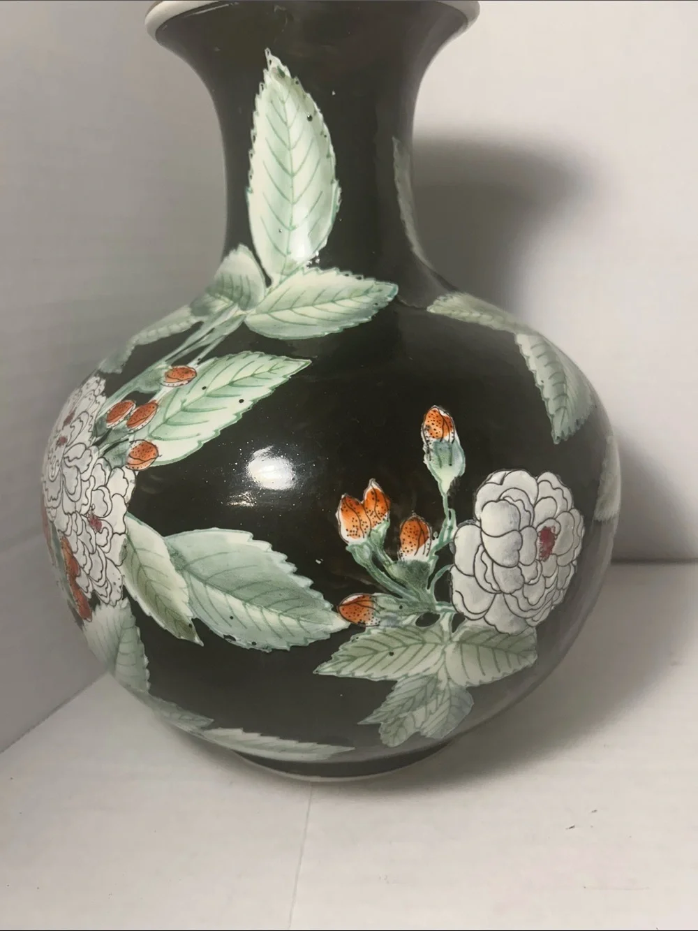 Floral Ceramic Vase with White Roses on Dark Green Background Vintage Handpainte